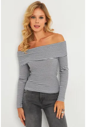 Kadın Gri Madonna Yaka Çizgili Bluz XL2400