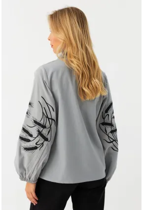 Kadın Gri Nakışlı Balon Kol Gömlek MQS5603