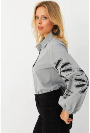 Kadın Gri Nakışlı Balon Kol Gömlek MQS5603