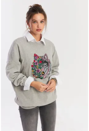 Kadın Gri Nakışlı Sweatshirt YLE20