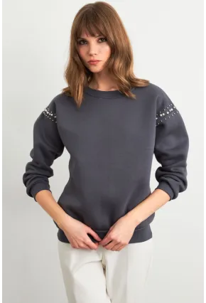 Kadın Gri Omuzları İnci Detaylı Sweatshirt MDY1424