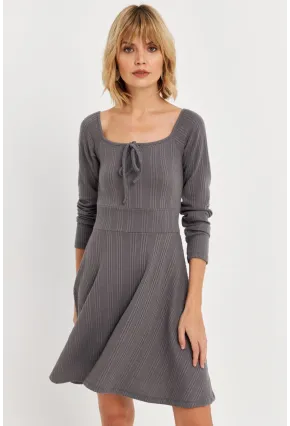 Kadın Gri Önü Bağlamalı Mini Elbise TF59