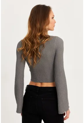 Kadın Gri Önü Düğümlü İspanyol Kol Bluz SB353