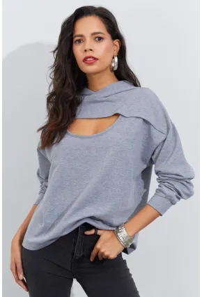 Kadın Gri Önü Pencereli Kapüşonlu Sweatshirt Yİ2486