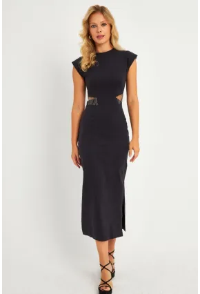 Kadın Gri Pencereli Aksesuarlı Midi Elbise YLE22