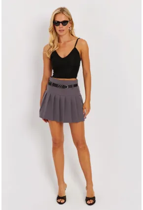 Kadın Gri Pilise Kemerli Mini Etek SGT402