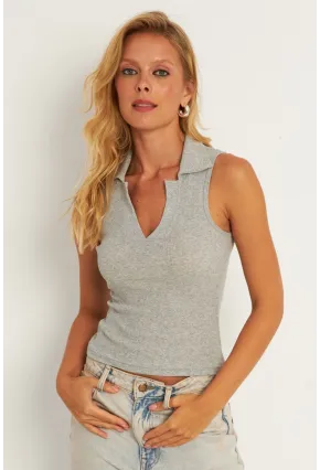 Kadın Gri Polo Yaka Kaşkorse Bluz MK10