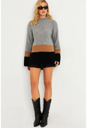 Kadın Gri Renk Bloklu Kazak YV277