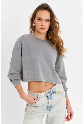 Kadın Gri Salaş Crop Sweatshirt ZH08