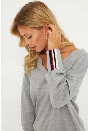 Kadın Gri Şerit Detaylı V Yaka Sweatshirt  EY2905