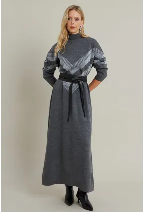 Kadın Gri Simli Maxi Triko Elbise MTC3215