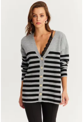 Kadın Gri-Sıyah Çizgili Triko Hırka CNG3