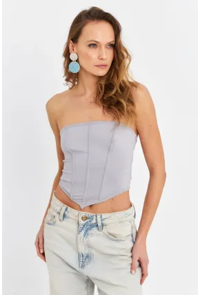 Kadın Gri Straplez Crop Bluz B6081