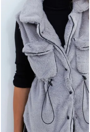 Kadın Gri Suni Kürk Cepli Yelek MK66