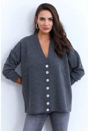 Kadın Gri Taşlı Düğmeli Hırka MİW4572