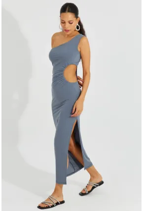 Kadın Gri Tek Omuz Yırtmaçlı Maxi Elbise B2629