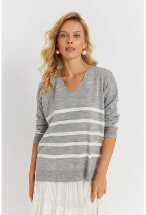 Kadın Gri V Yaka Çizgili Triko Kazak YİL550