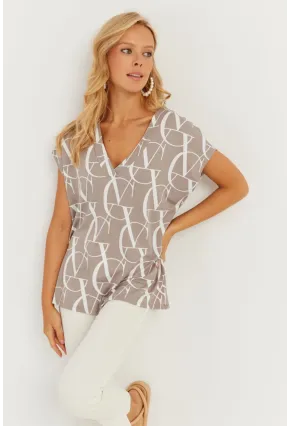 Kadın Gri V Yaka Desenli Bluz AYD293