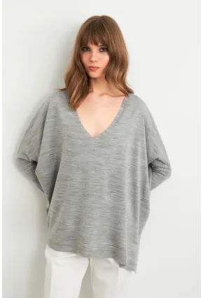 Kadın Gri V Yaka Salaş Bluz YV304