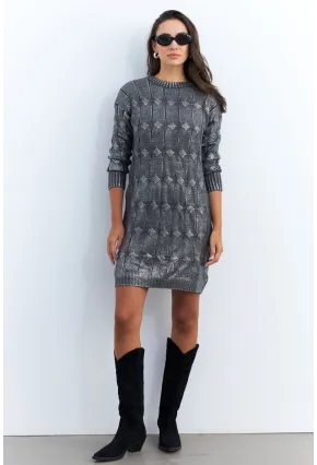 Kadın Gri Varaklı Triko Midi Elbise NAR446