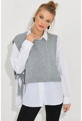 Kadın Gri Yanları Bağlamalı Süveter YV210
