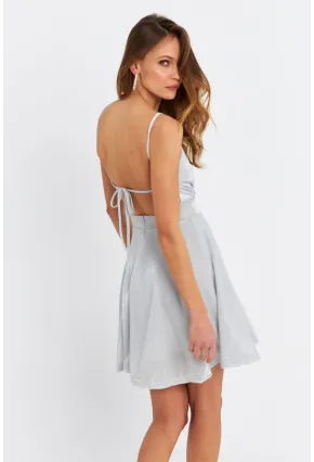 Kadın Gümüş Rengi Kruvaze Simli Astarlı Mini Elbise DCF110