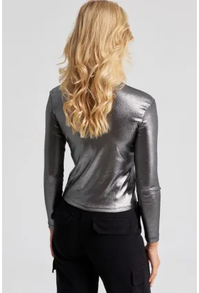 Kadın Gümüş Rengi Parlak Bluz LPP1245
