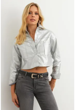 Kadın Gümüş Rengi Varaklı Cropped Ceket KAM302