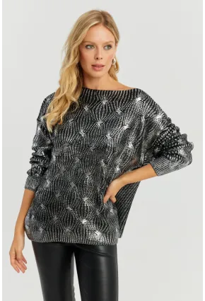 Kadın Gümüş Rengi Varaklı Triko Kazak SF2533