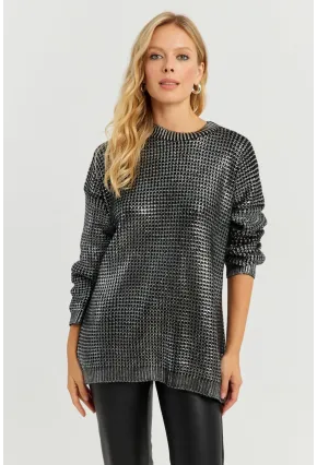 Kadın Gümüş Rengi Varaklı Triko Kazak SF2534