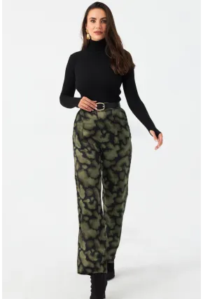 Kadın Haki Batik Desenli Saten Pantolon CAR1069