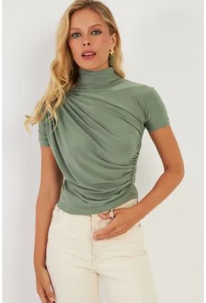 Kadın Haki Büzgülü Bluz LPP1287