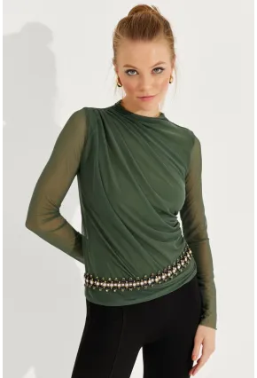 Kadın Haki Büzgülü Drapeli Tül Bluz LPP1244