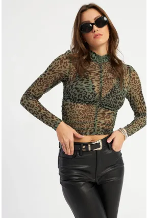 Kadın Haki Büzgülü Leopar Tül Bluz AYD379