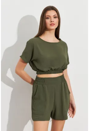 Kadın Haki Crop Şort Takım Q1014