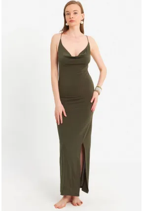 Kadın Haki Degaje Yaka Askılı Maxi Elbise DMR289