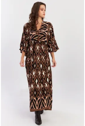 Kadın Haki Desenli Dokuma Maxi Elbise ALO235