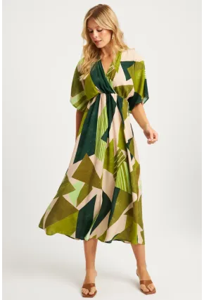 Kadın Haki Desenli Kruvaze Midi Elbise HT108