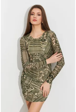 Kadın Haki Etnik Desenli Mini Elbise ROP110