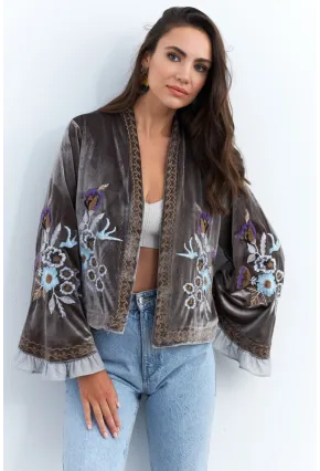 Kadın Haki İspanyol Kol Nakışlı Kadife Ceket QS5577