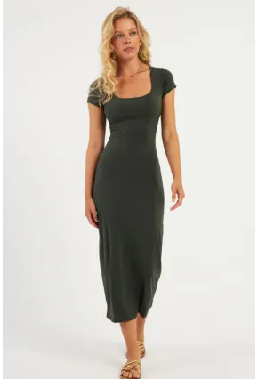 Kadın Haki Kare Yaka Midi Elbise DMR2431