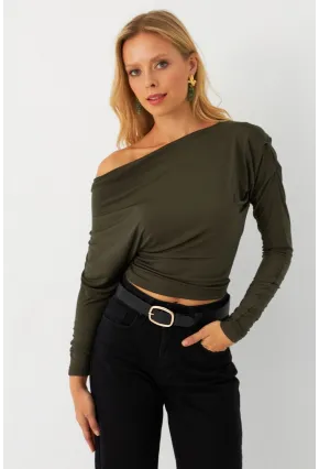 Kadın Haki Kayık Yaka Bluz DMR382-1