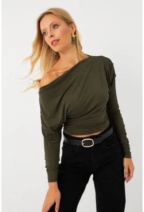 Kadın Haki Kayık Yaka Bluz DMR382-1