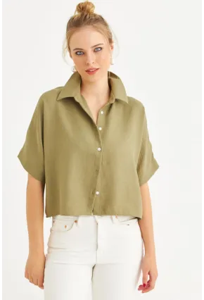 Kadın Haki Kısa Kollu Crop Gömlek CNG117