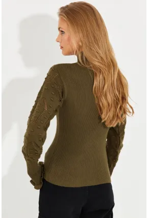 Kadın Haki Kolları Ajurlu Triko Bluz SMT218