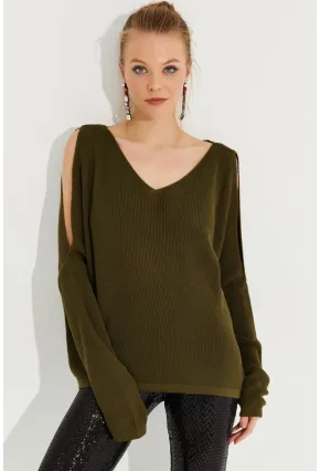 Kadın Haki Kolu Yırtmaçlı Triko Bluz SMT221