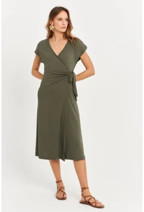 Kadın Haki Kruvaze Midi Elbise EY3044