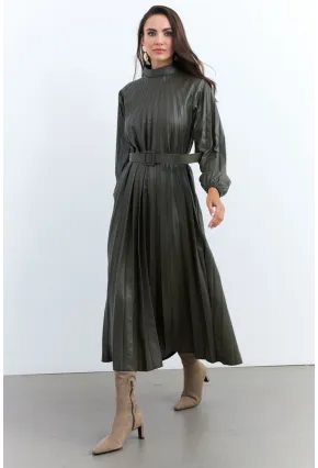Kadın Haki Pileli Kemerli Maxi Elbise MALZ99