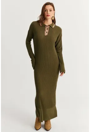 Kadın Haki Polo Yaka Triko Maxi Elbise MNUV17