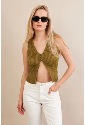 Kadın Haki Polo Yaka Yumoş Yelek ZH050
